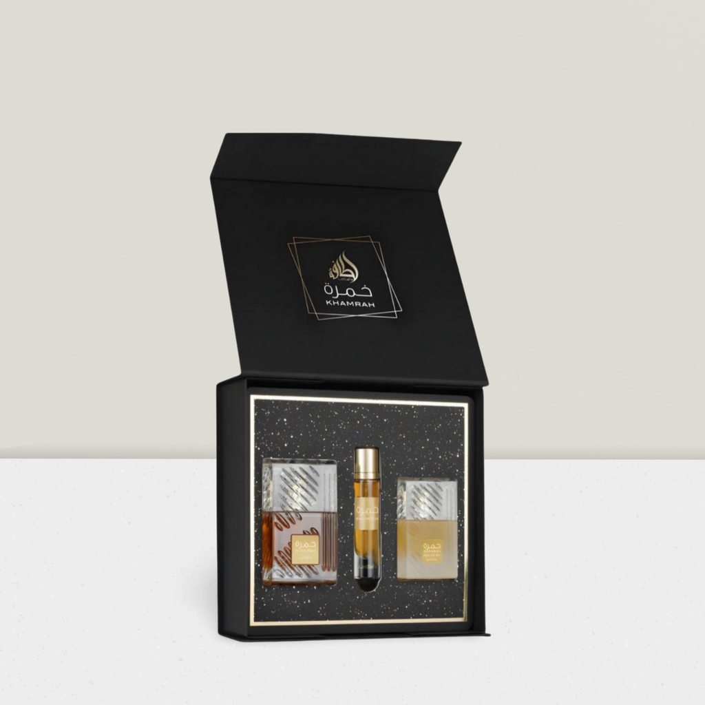 Lattafa - Khamrah 100ml EDP + Haarspray 50ml + 12ml Reisespray Geschenkeset Gift Set Bundle
