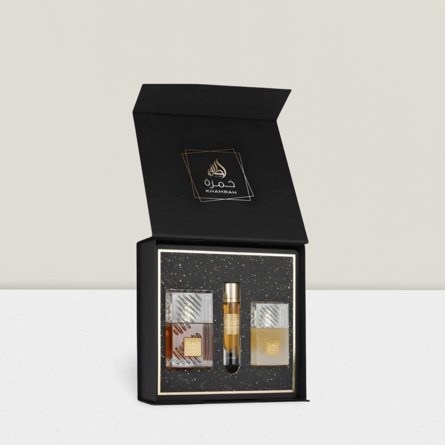 Lattafa - Khamrah 100ml EDP + Haarspray 50ml + 12ml Reisespray Geschenkeset Gift Set Bundle